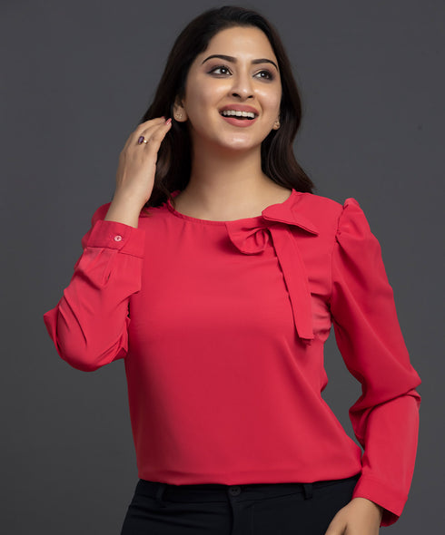Hot Pink Round Neck Sidebow Top